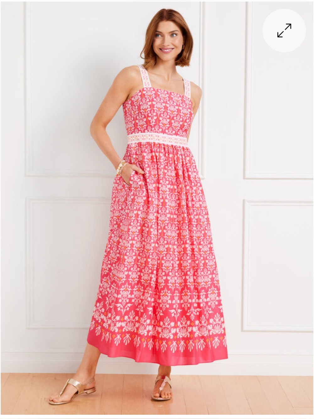 Talbots Women's Damask Bouquets Voile Fit & Flare Peachy Pink Maxi Dress size 4